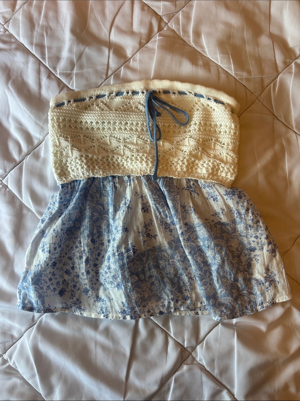Cream and Light Blue Floral Crochet-Top Shirt